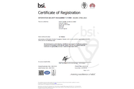 Asset Guardian Solutions achieves ISO/IEC 27001 Certification